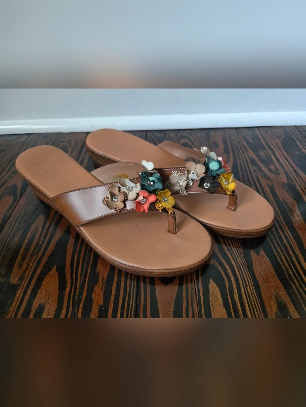 Fabio Maggenti Italy Floral Leather Wedge Thong Sandals Size 9.5 Brown 2